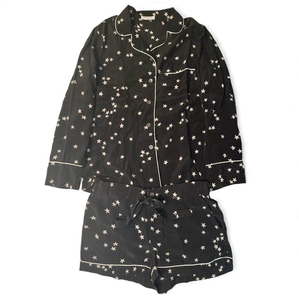 Equipment Lillian Silk Pajama Set XS Black w/ Cream Stars Long Sleeve Shorts - Picture 13 of 13